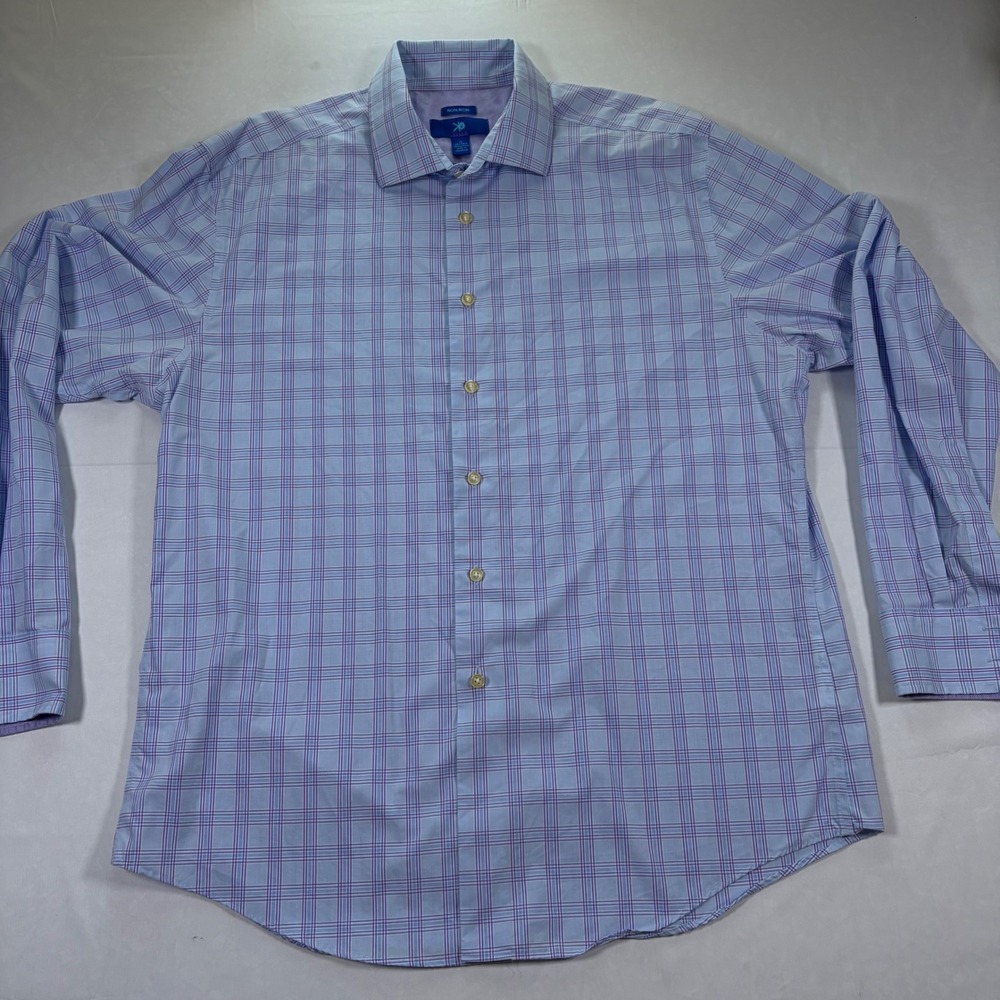 Egara Mens Non-Iron Plaid Dress Shirt Blue Purple XL 18-18.5 Long Sleeve Cotton